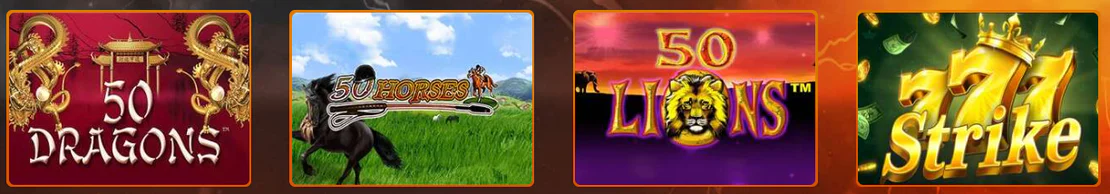 Casino Intense sélection de machines à sous avec 50 Dragons, 50 Horses, 50 Lions et 777 Strike